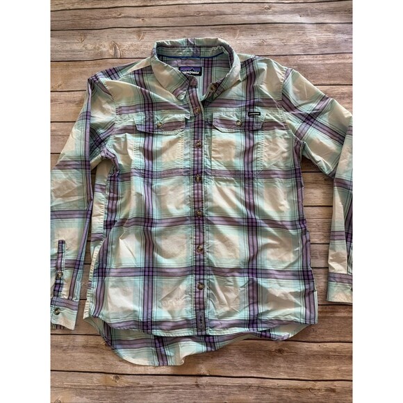 Patagonia Long-Sleeved Plaid Shirt Organic Cotton Button purple Green Womens S - Picture 1 of 9